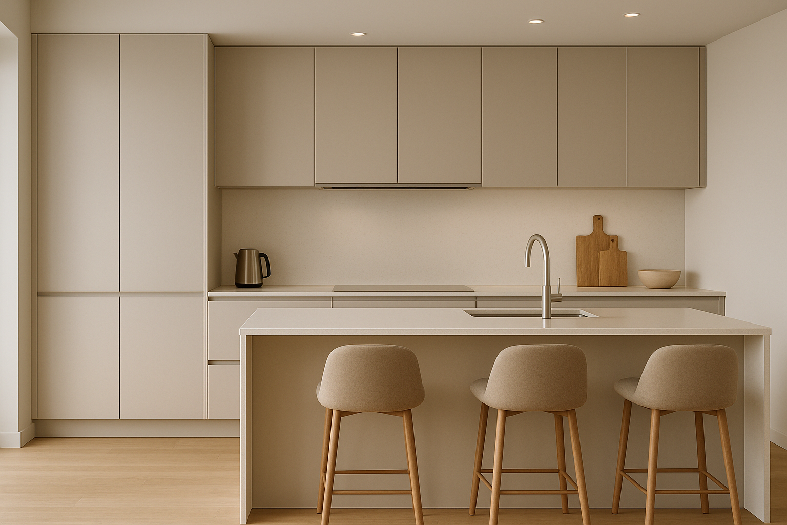 High-quality background image of a modern luxury kitchen interior. White quartz countertops, elegant island with bar stools, minimalist cabinets in matte finish, built-in appliances, and soft natural lighting. Clean, photorealistic, professional composition with space on one side for overlay text and buttons. Warm, inviting atmosphere, perfect for an e-commerce homepage.