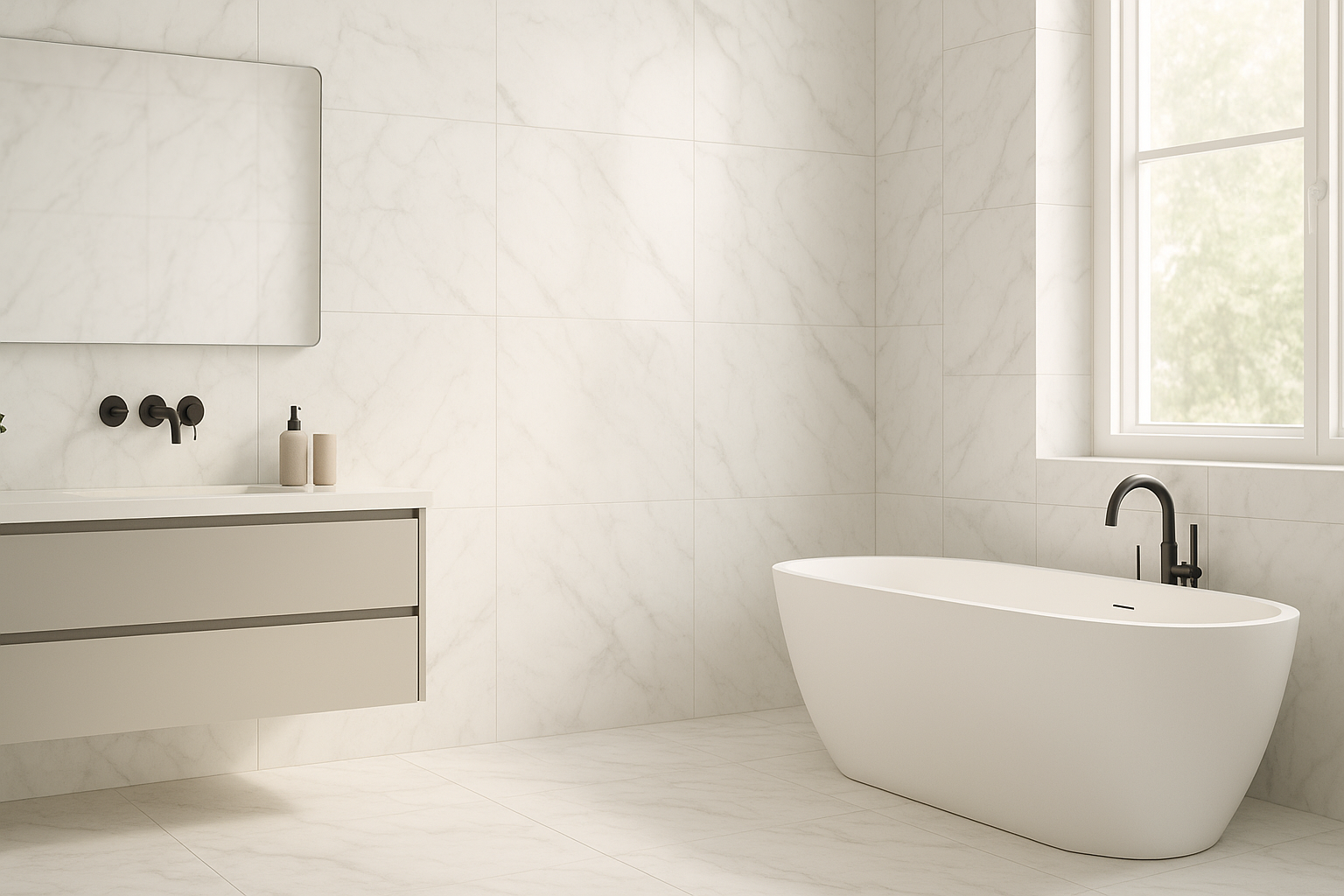 High-quality hero background image for an e-commerce homepage in the construction and remodeling industry. A modern luxury bathroom interior with white marble tiles, elegant vanity 2 drawers, freestanding bathtub, and soft natural lighting. Clean, minimal, and professional composition with space on the right side for overlay text and buttons. Realistic, photorealistic, modern design.
Sleek, realistic, professional design. 2160 x 720px .jpg recommended