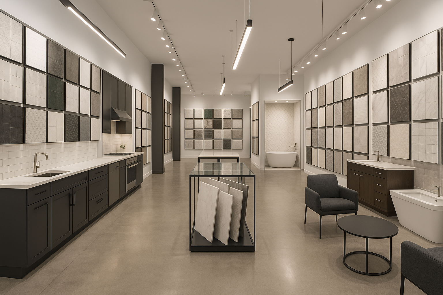 imagen de showroom de Tiles, kitchen and bath Moderno con muchas opciones